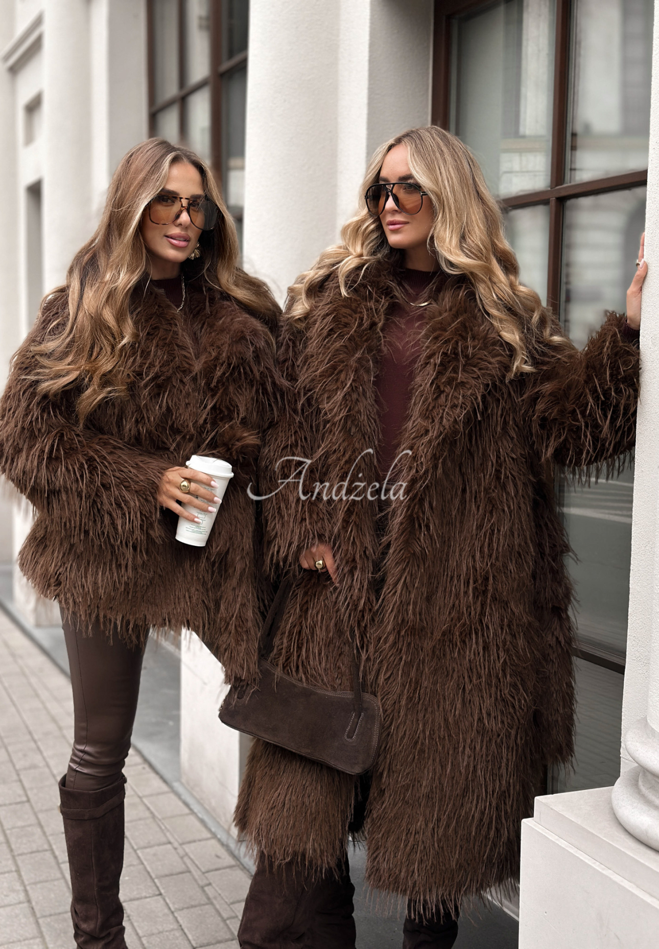 Long wool fur coat with angora Show Me How chocolate