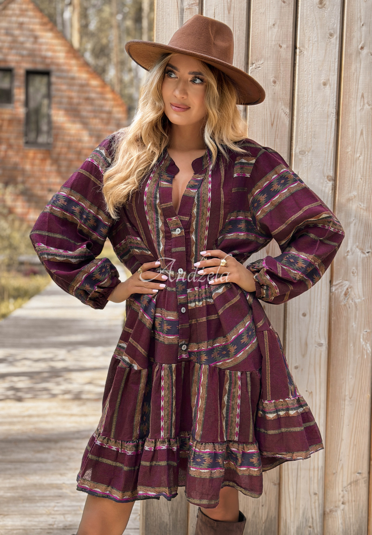 Bawełniana sukienka we wzory Past Version burgundowa