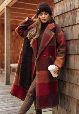 Long plaid wool coat Leaves Are Falling chocolate-burgundy