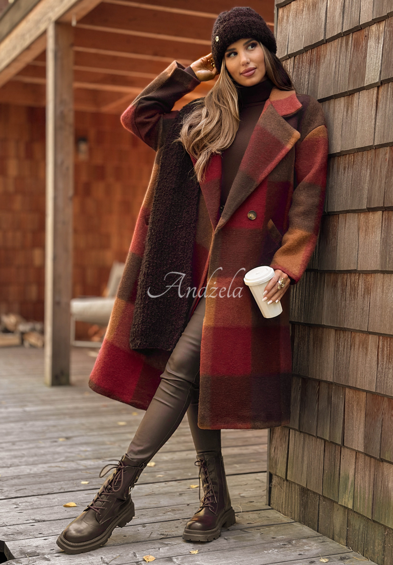 Długi płaszcz w kratę z wełną Leaves Are Falling czekoladowo-burgundowy