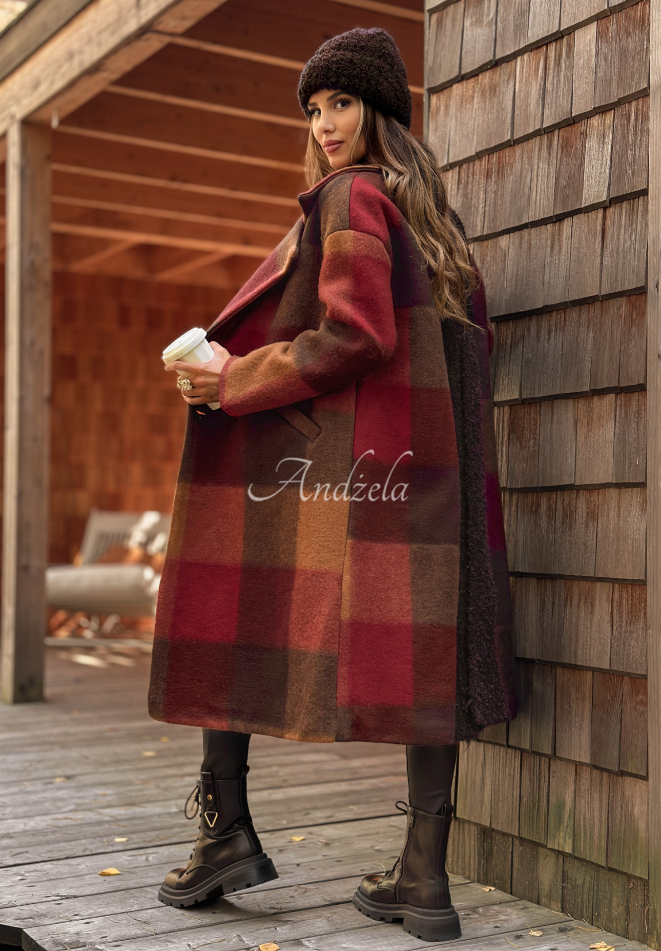 Long plaid wool coat Leaves Are Falling chocolate-burgundy