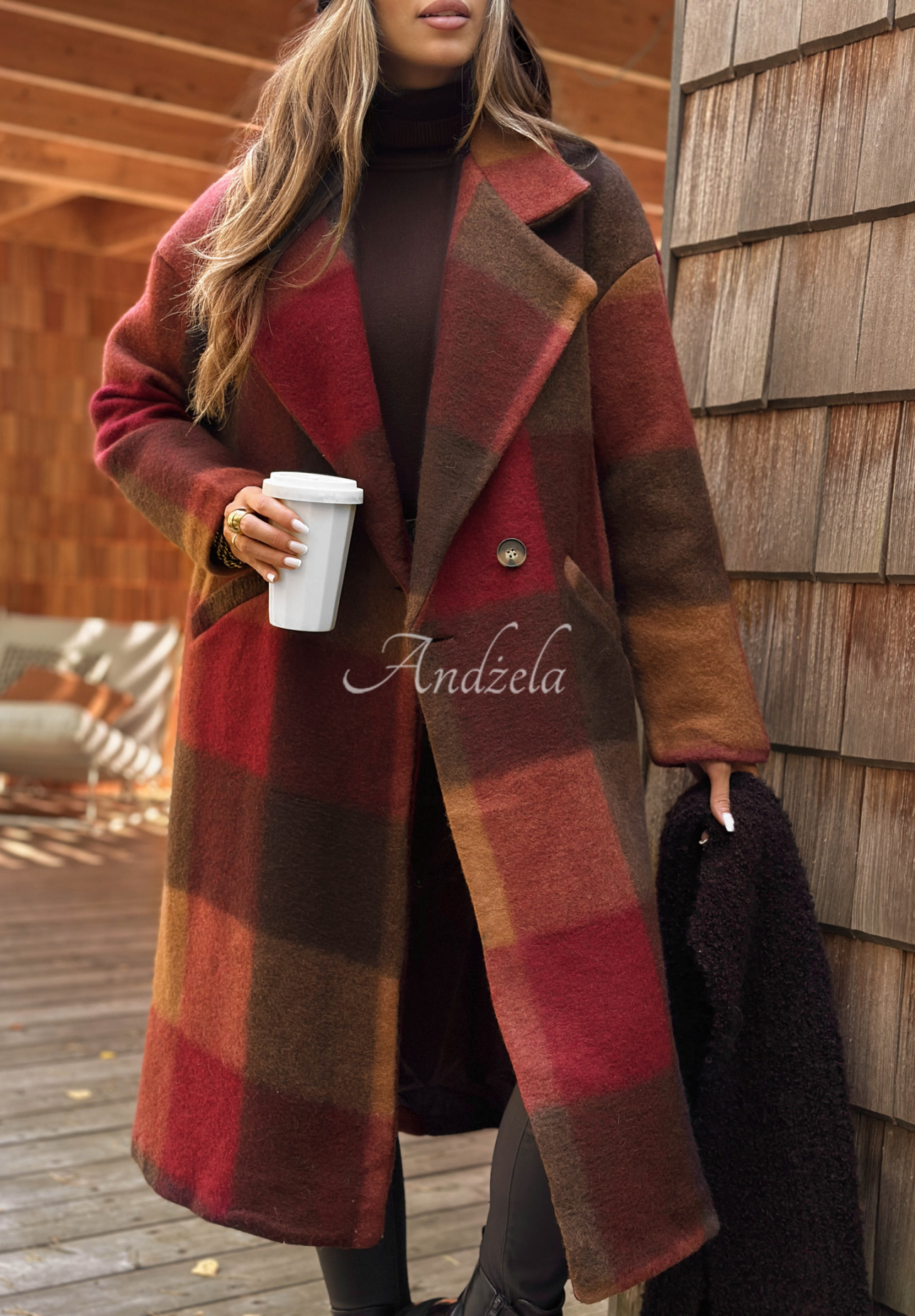 Long plaid wool coat Leaves Are Falling chocolate-burgundy