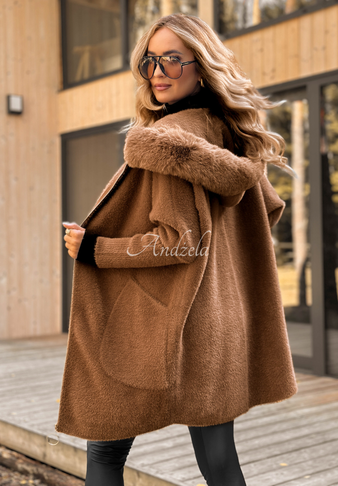 Long wool alpaca coat with angora Be With Me chocolate