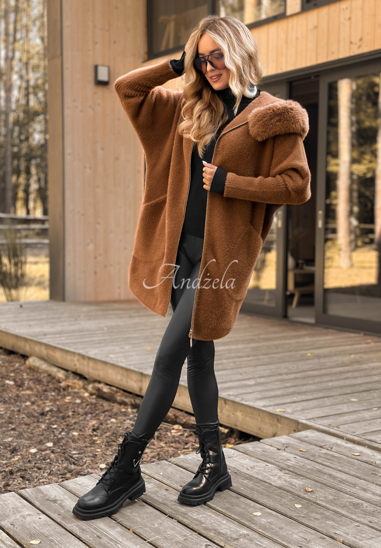 Long wool alpaca coat with angora Be With Me chocolate