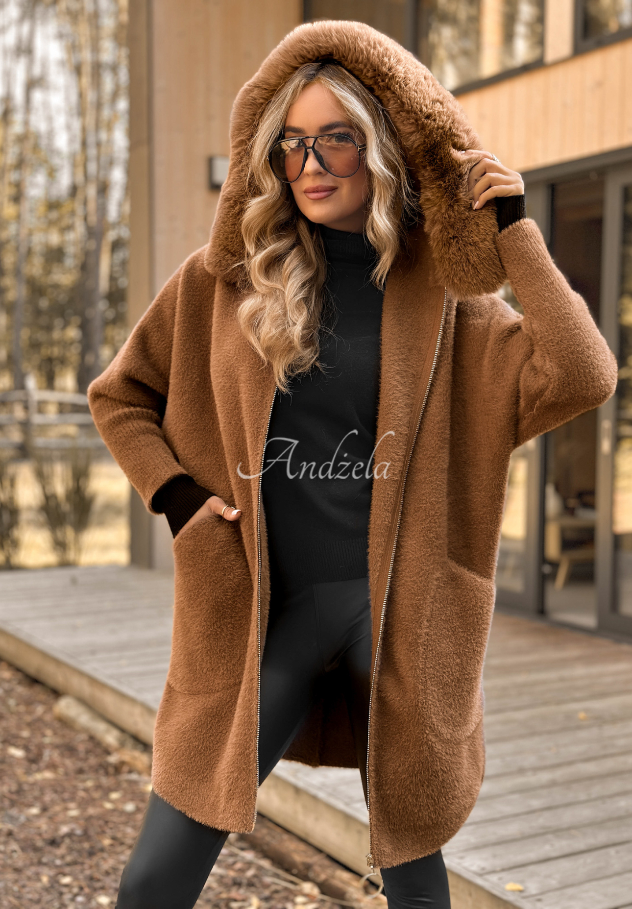 Long wool alpaca coat with angora Be With Me chocolate