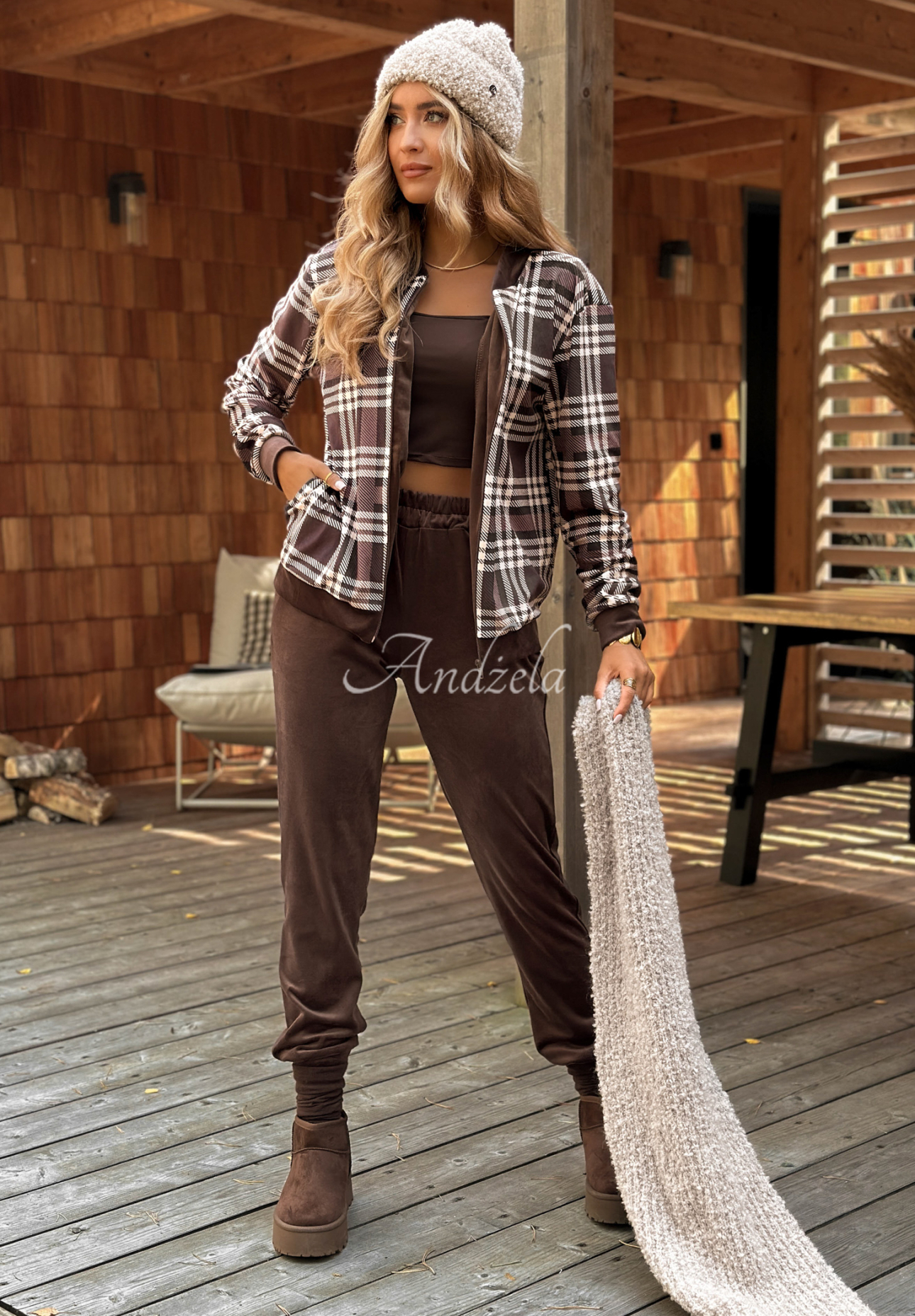 Guess Again chocolate checked velour tracksuit set