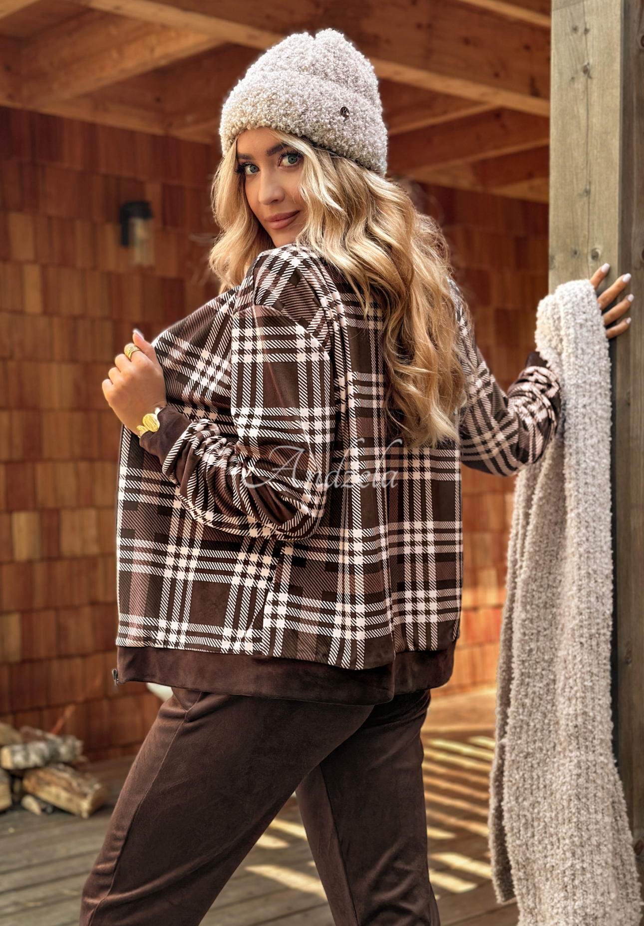 Guess Again chocolate checked velour tracksuit set