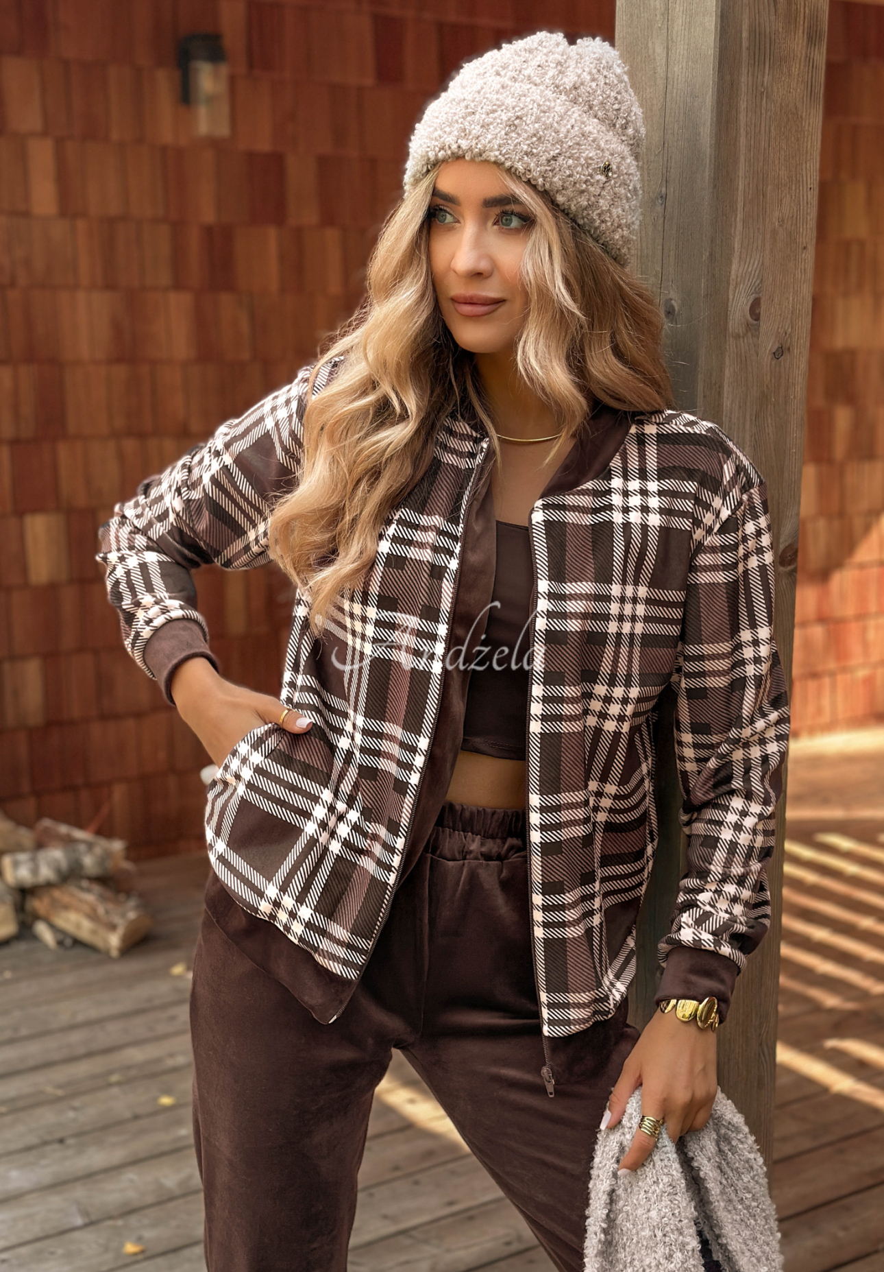 Guess Again chocolate checked velour tracksuit set