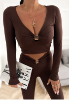 Krótka bluzka longsleeve z aplikacją Missed Your Text czekoladowa