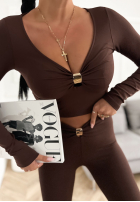 Krótka bluzka longsleeve z aplikacją Missed Your Text czekoladowa