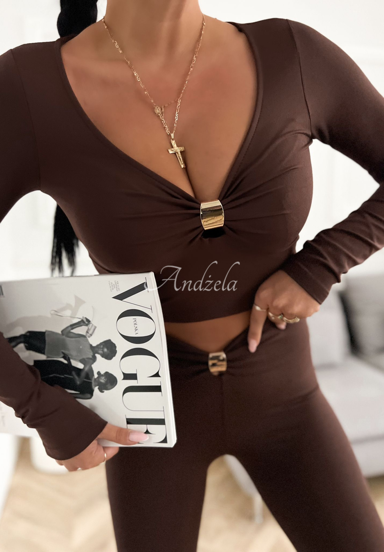 Viscose longsleeve blouse with Missed Your Text applique chocolate