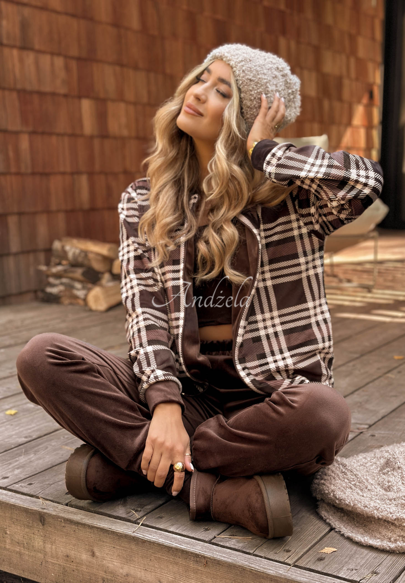 Guess Again chocolate checked velour tracksuit set