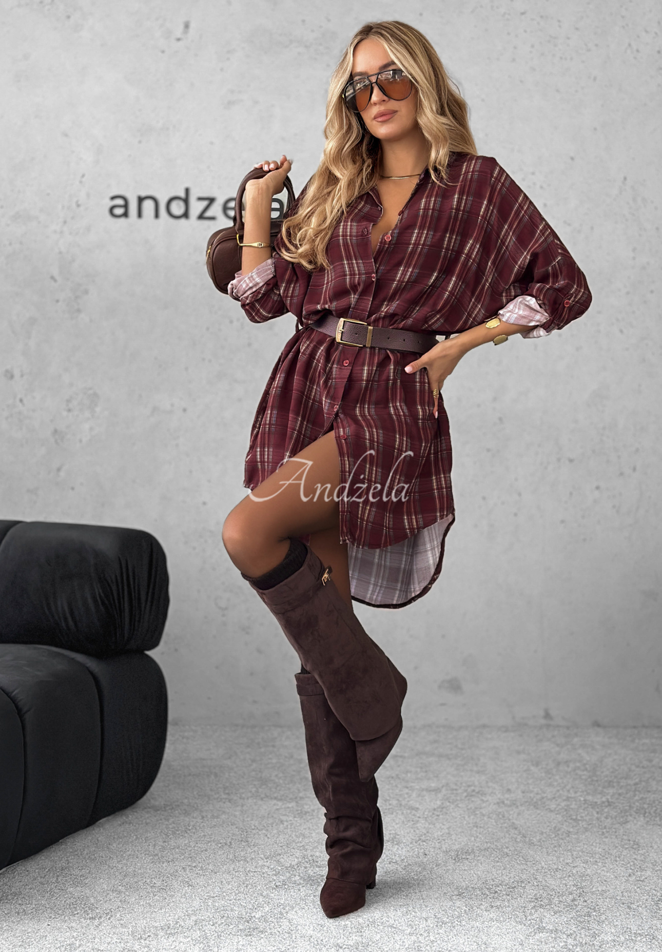 Autumn Central Park burgundy checked viscose shirt dress
