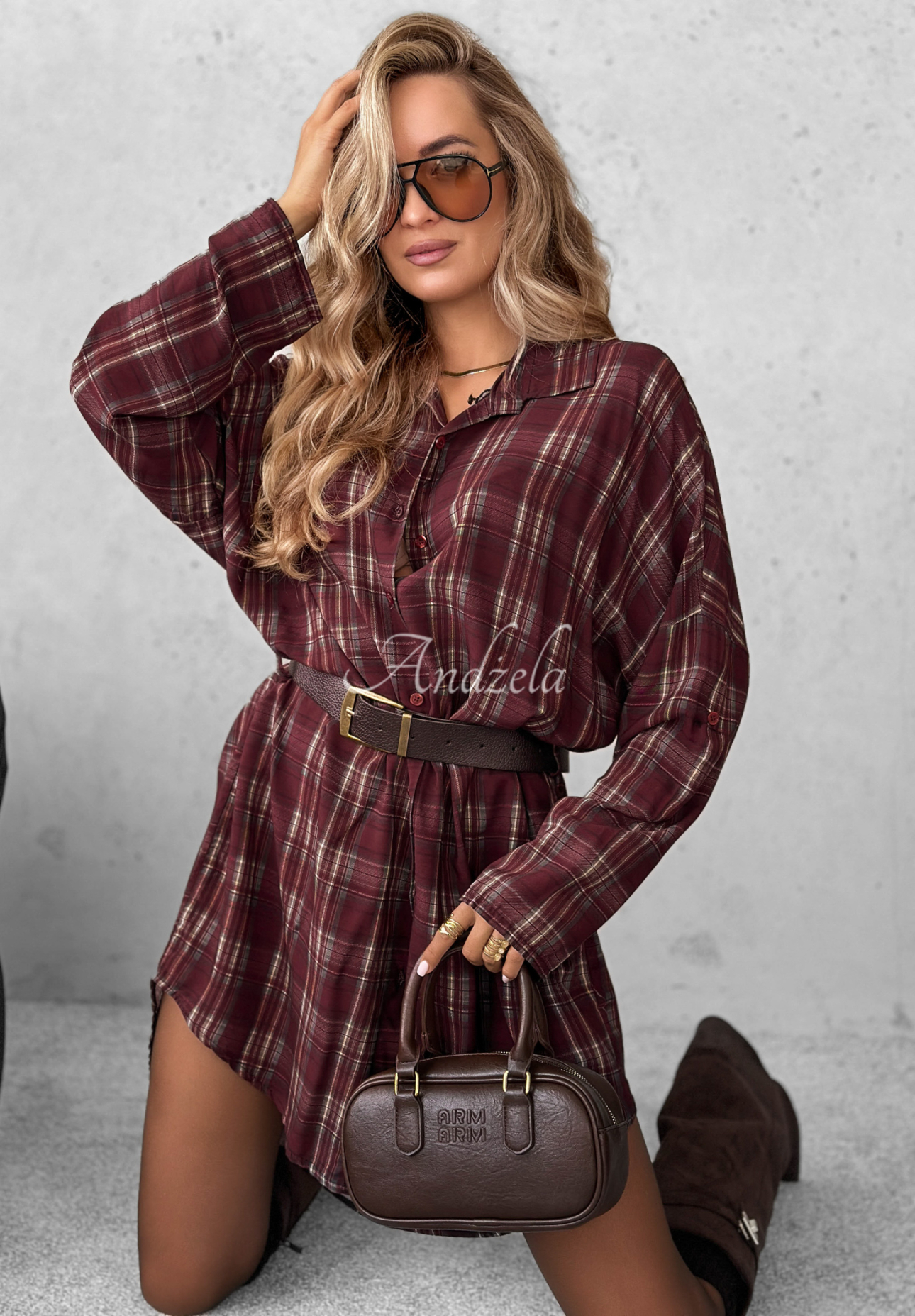 Koszulowa sukienka z wiskozy w kratę Autumn Central Park burgundowa