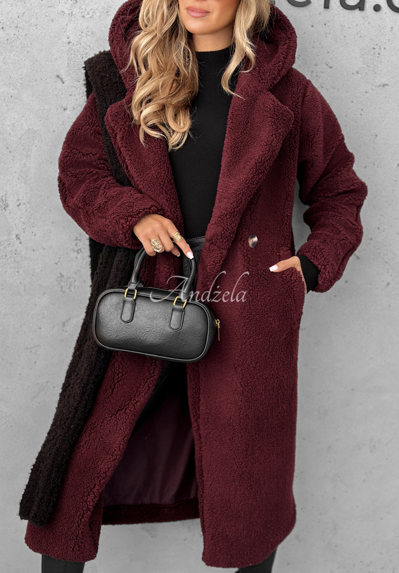 Hooded sheepskin coat Before Frost burgundy