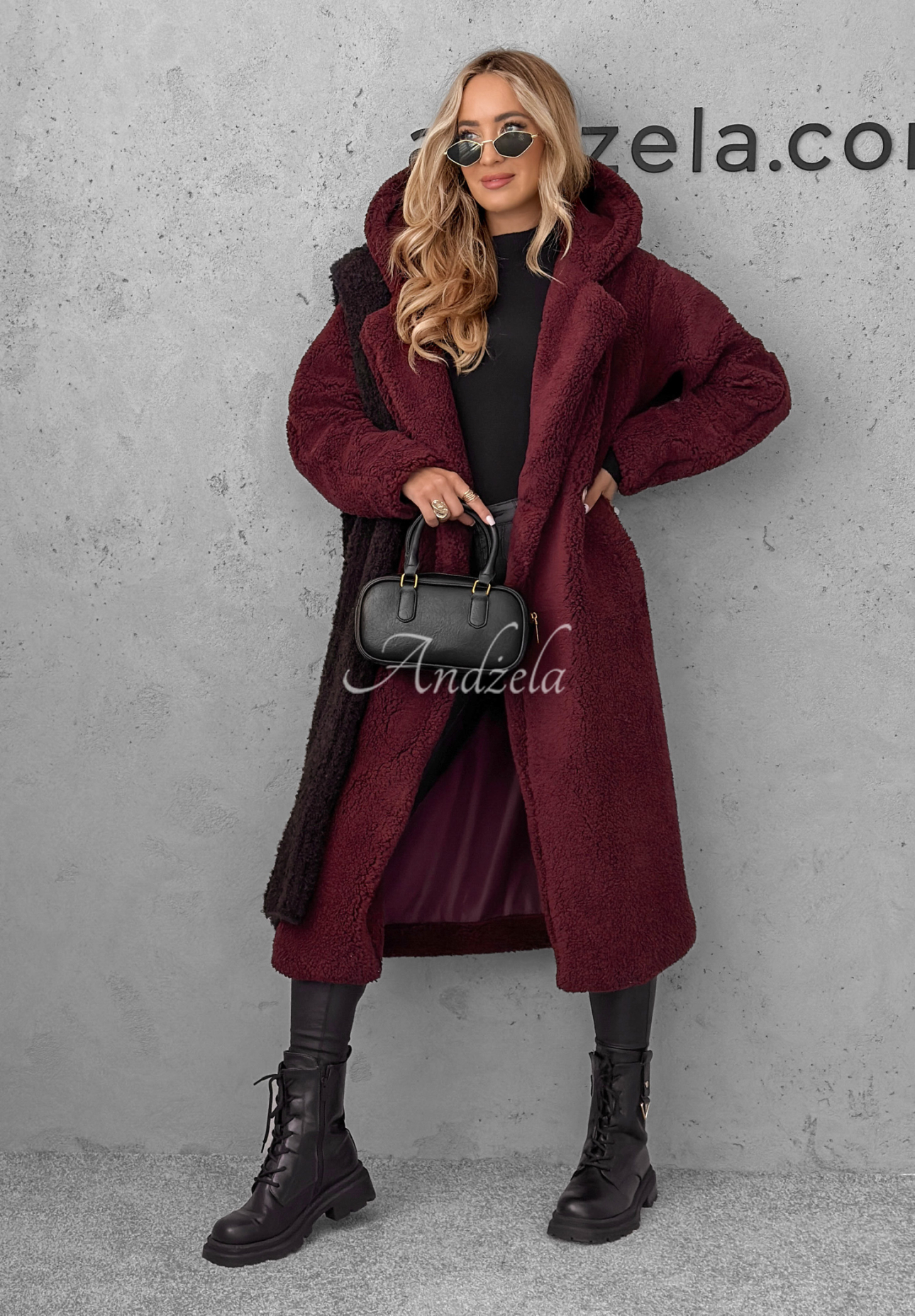 Hooded sheepskin coat Before Frost burgundy
