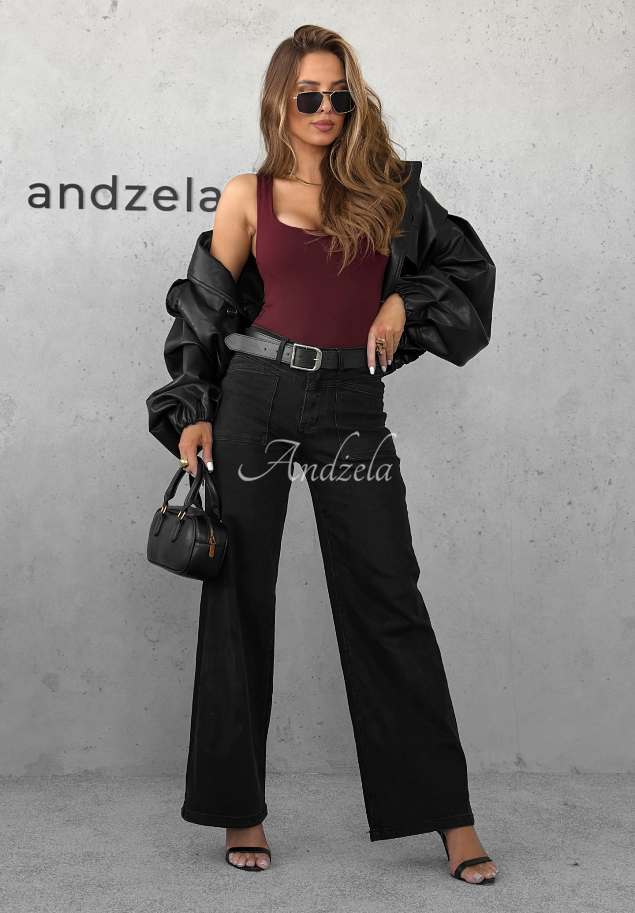 Spodnie jeansowe wide leg z paskiem Still Learning ciemnoszare