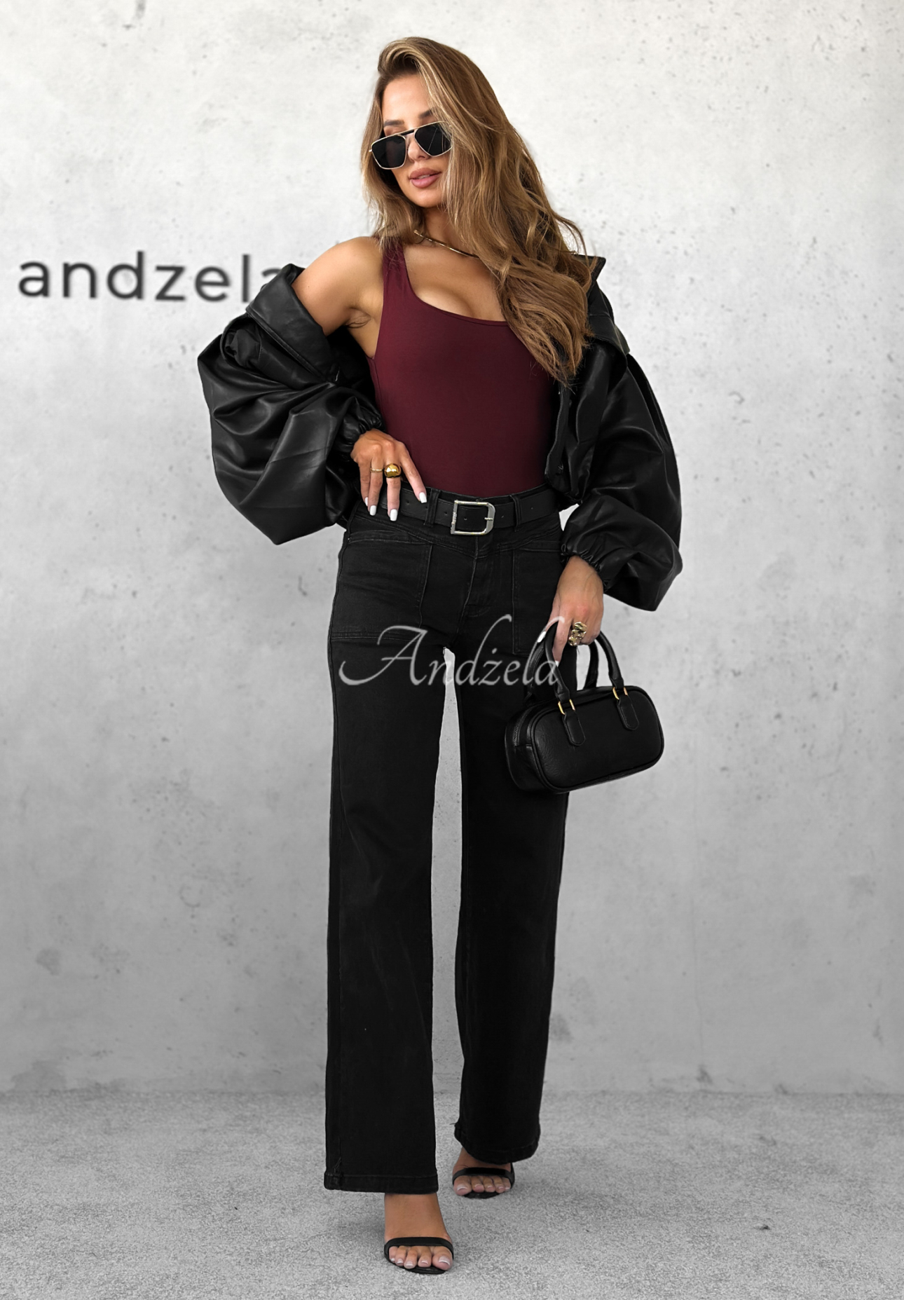 Spodnie jeansowe wide leg z paskiem Still Learning ciemnoszare