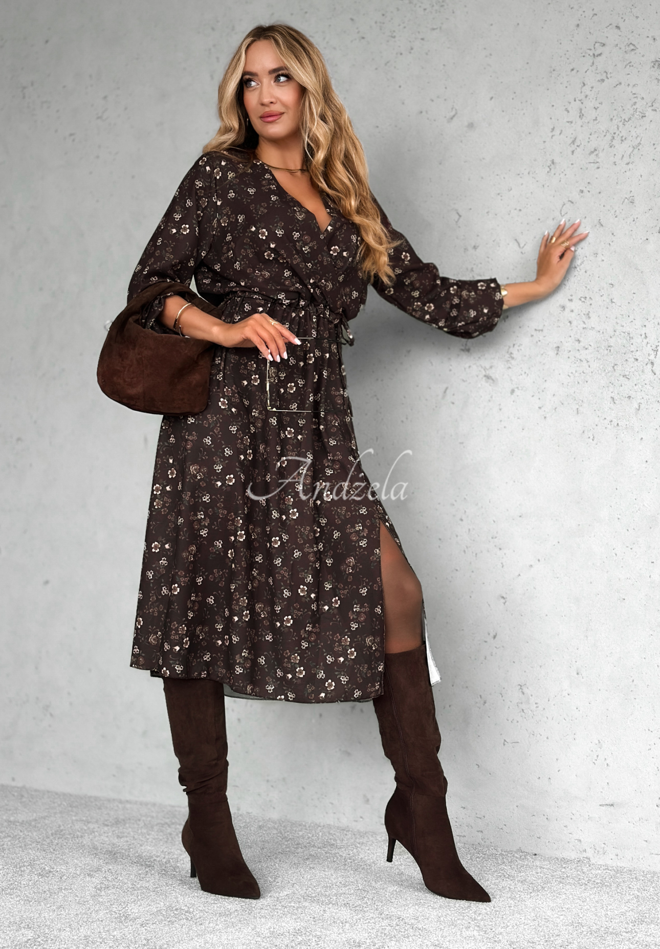 Tell Me Now floral viscose midi dress in chocolate