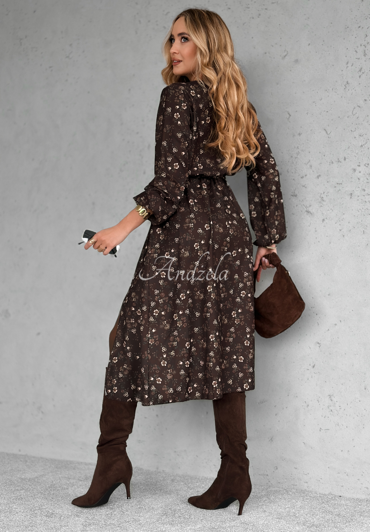 Tell Me Now floral viscose midi dress in chocolate