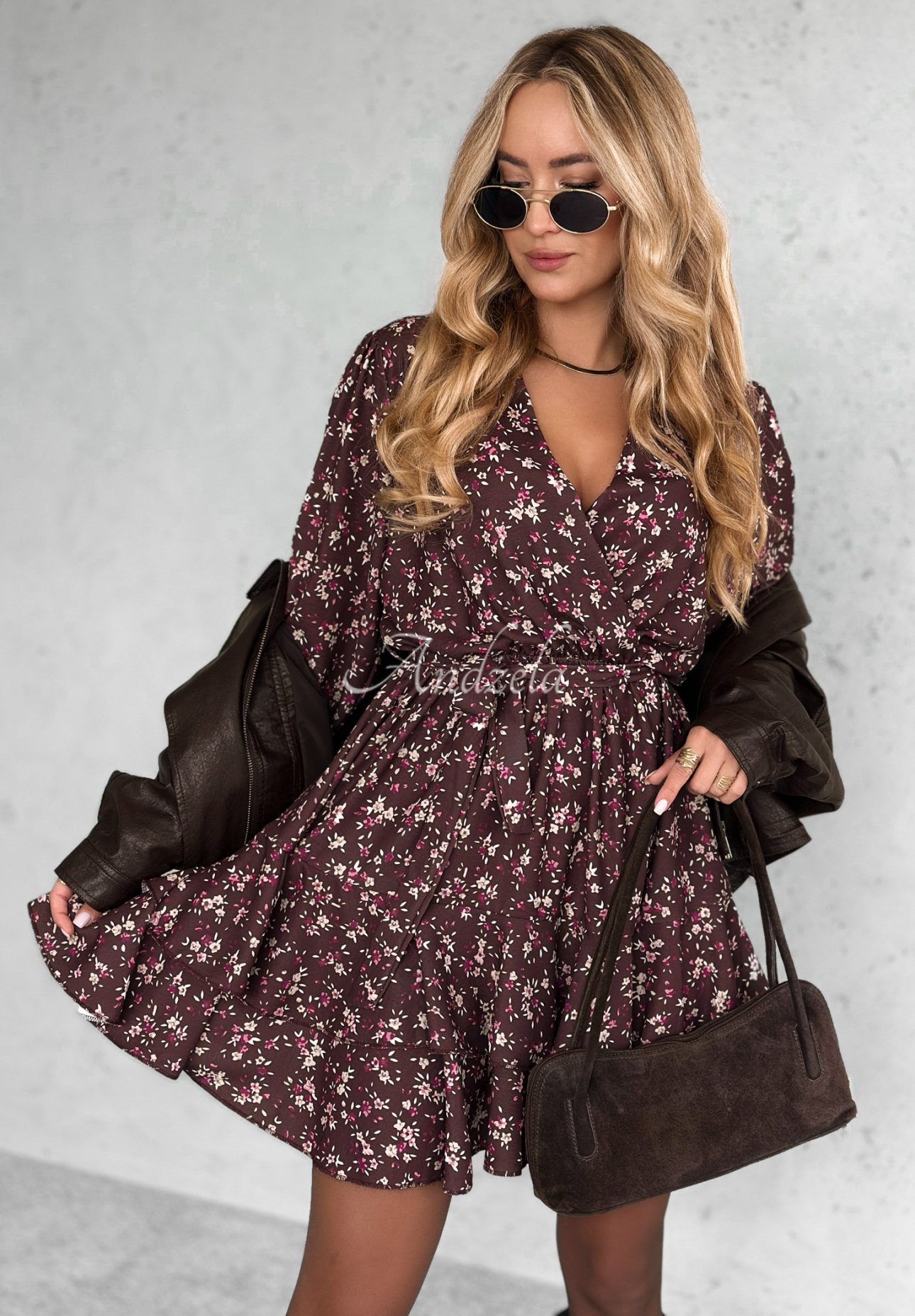 Floral mini dress with viscose No Second Chances chocolate