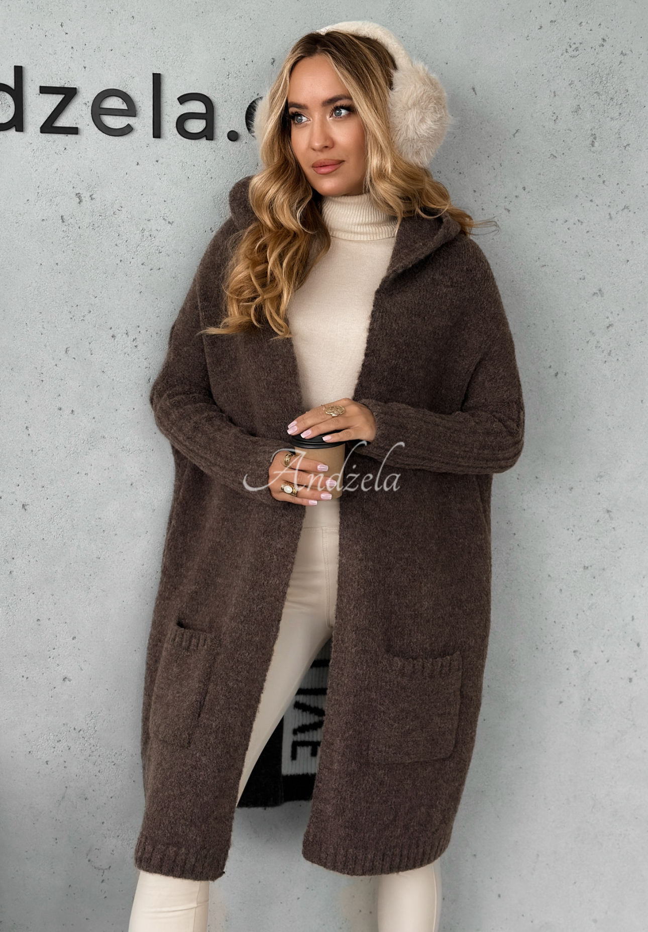 Long oversize cardigan with wool Simply Live chocolate