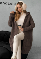 Długi kardigan oversize z kapturem Simply Live czekoladowy