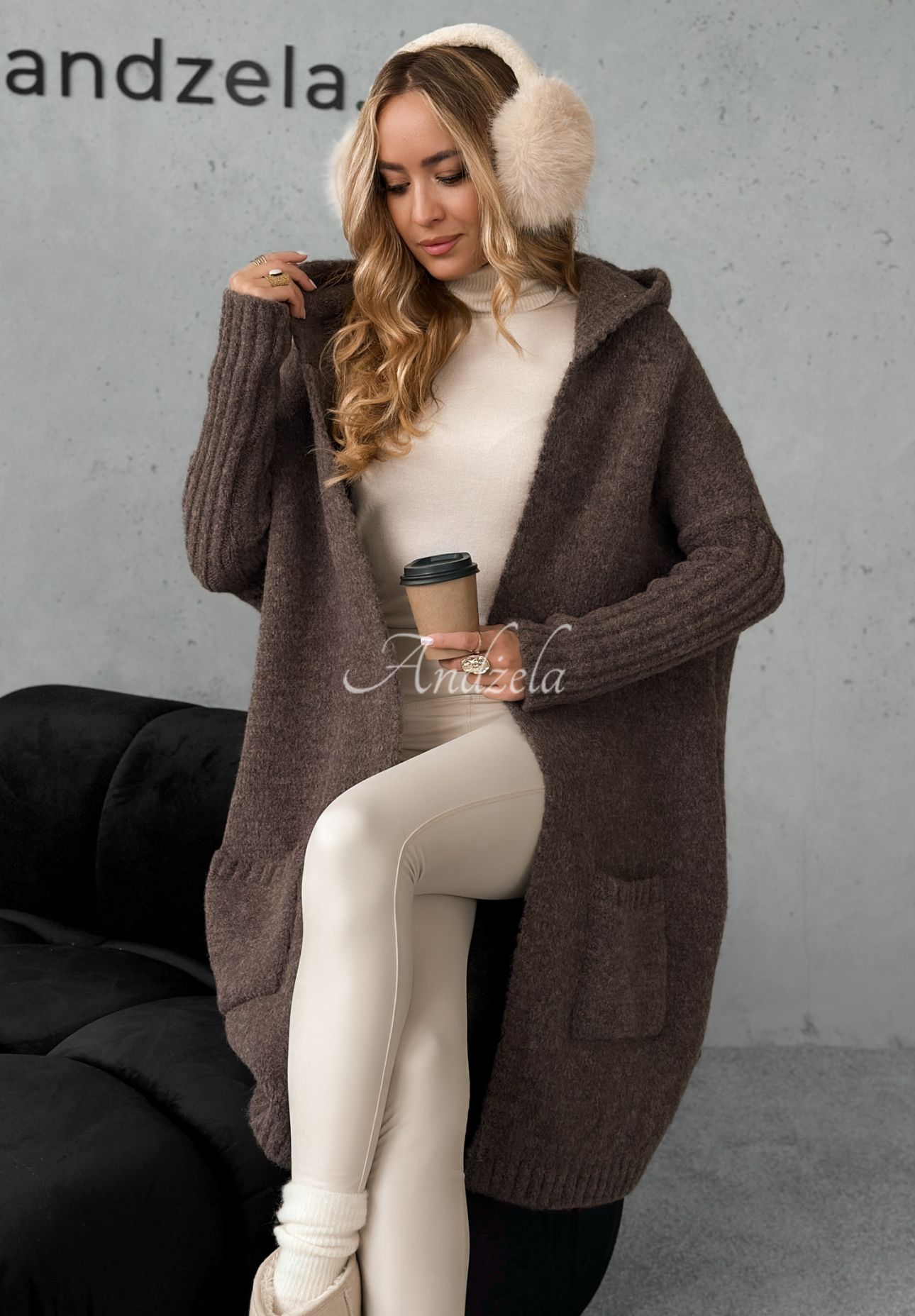 Long oversize cardigan with wool Simply Live chocolate