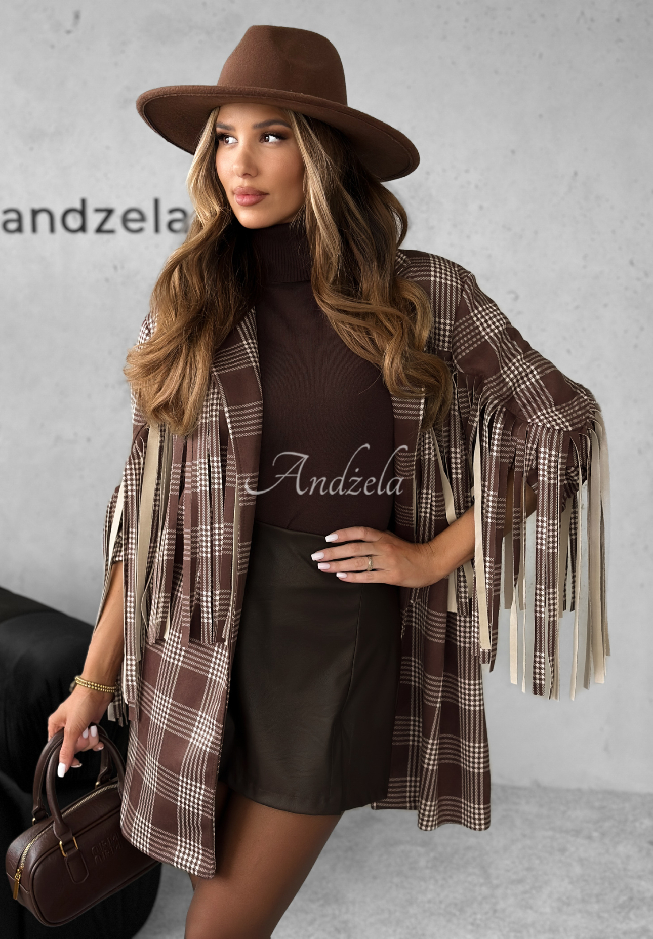 Viscose checked jacket with fringe Text Me Later chocolate