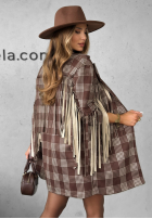 Marynarka w kratę z frędzlami Text Me Later czekoladowa