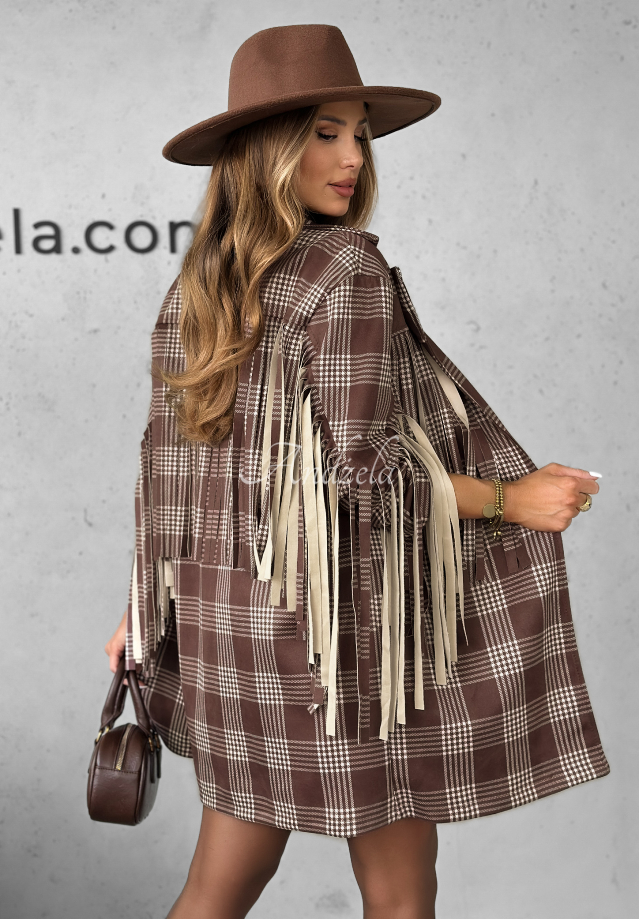 Viscose checked jacket with fringe Text Me Later chocolate