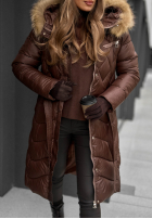 Długa pikowana kurtka z futerkiem Hello Cold Days czekoladowa II