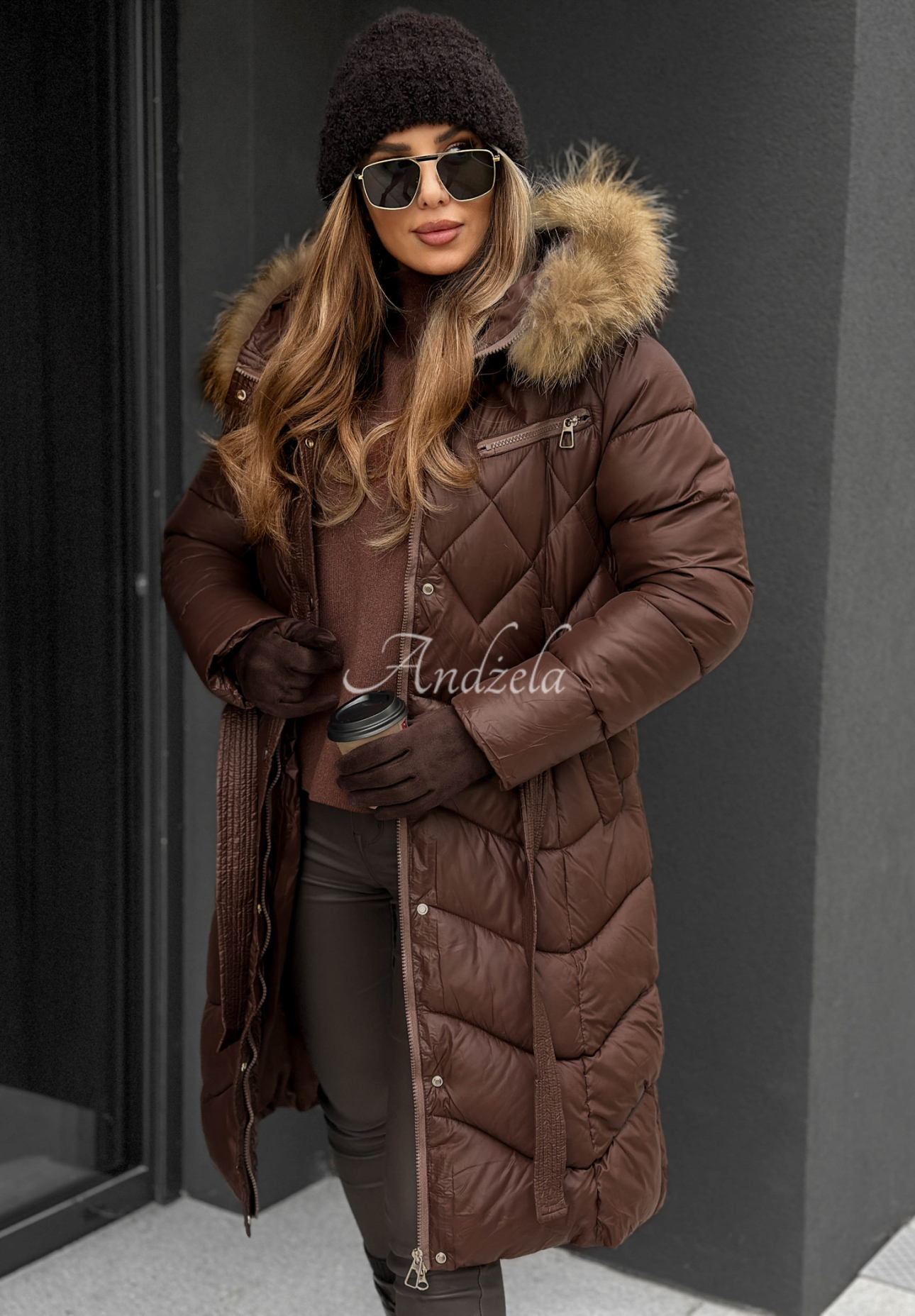 Long quilted jacket with fur Hello Cold Days chocolate II