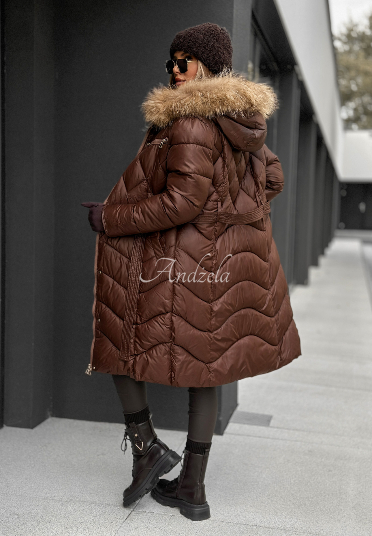 Long quilted jacket with fur Hello Cold Days chocolate II