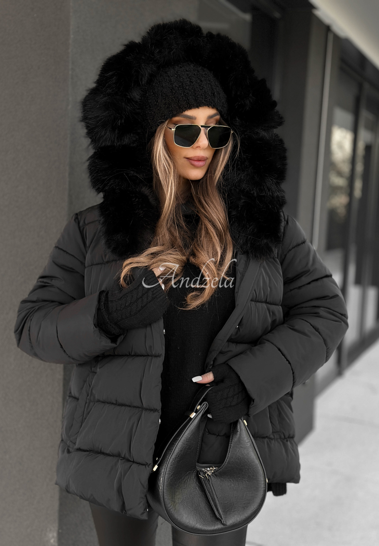 Quilted jacket with fur and belt Coldest Moments black