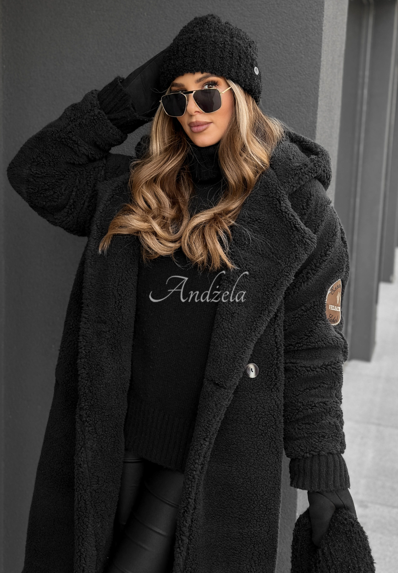 Before Frost black hooded sheepskin coat