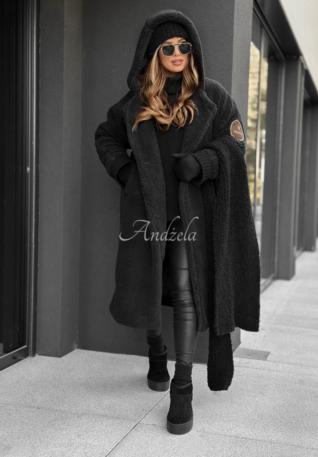 Before Frost black hooded sheepskin coat