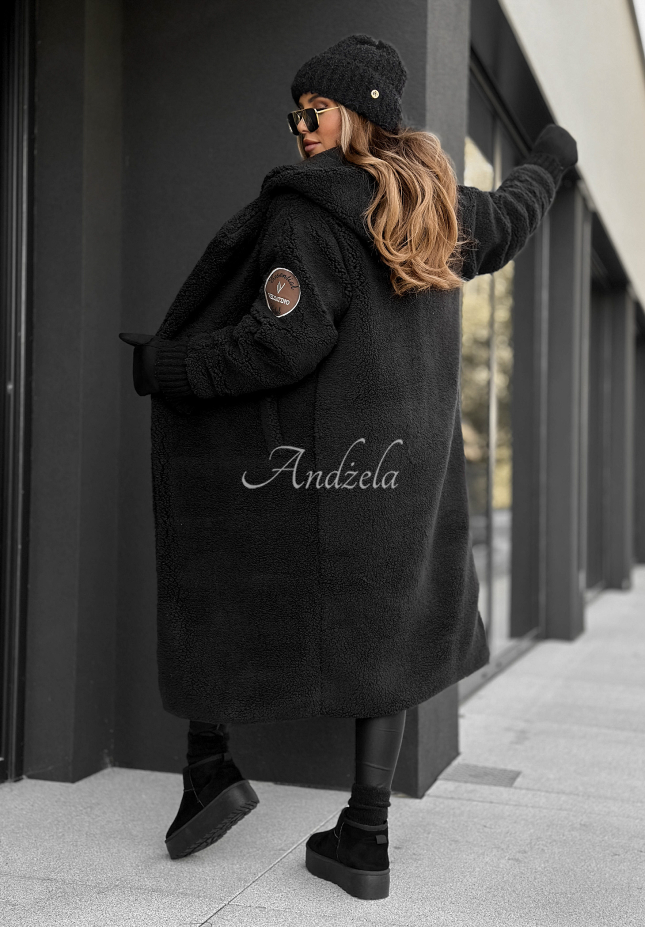 Before Frost black hooded sheepskin coat