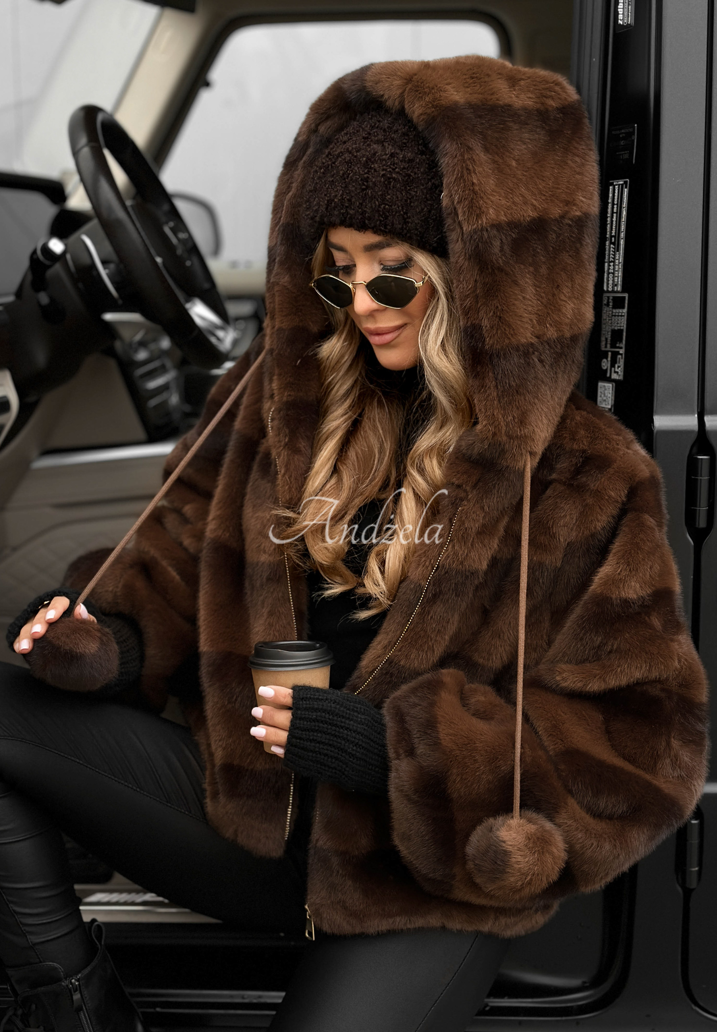 Eyes On You hooded short fur coat in chocolate Andżela Online Store