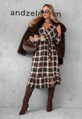 Checked viscose midi dress by Just Listen chocolate