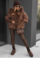 Krótka pikowana kurtka z futerkiem Frosty Horizon czekolaodowa