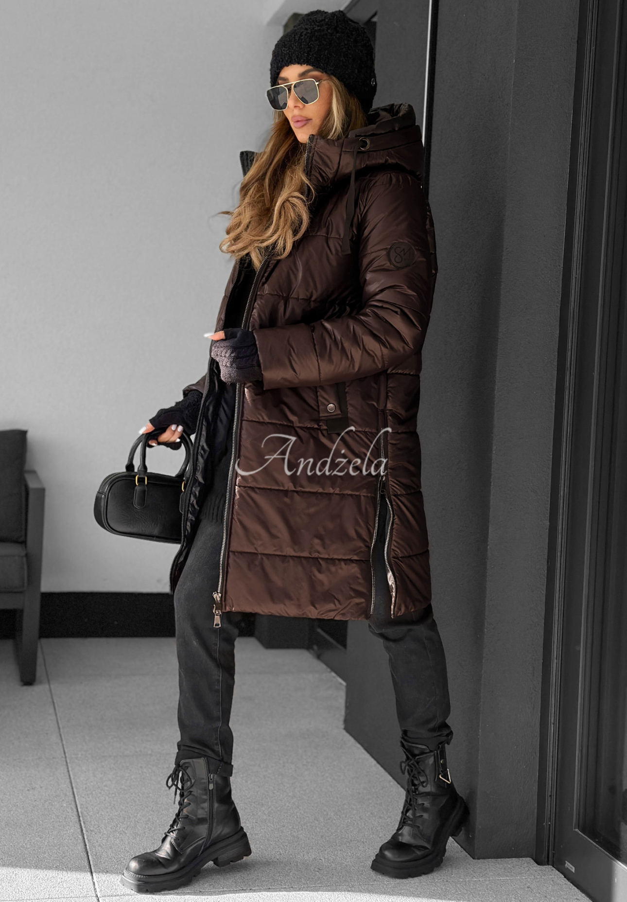 Long quilted hooded jacket by Worth The Risk chocolate