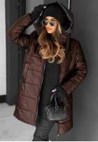 Długa pikowana kurtka z kapturem Worth The Risk czekoladowa