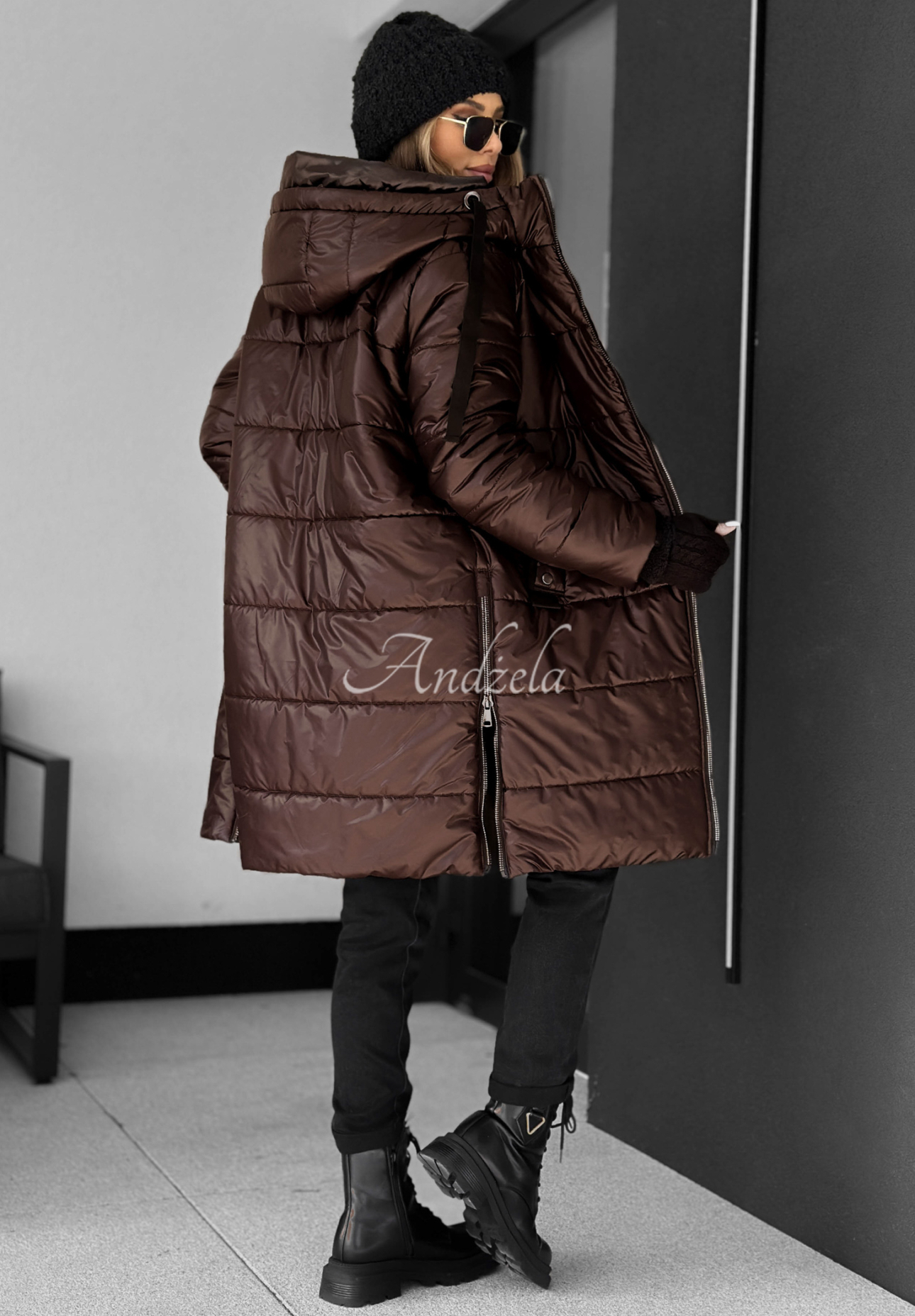 Long quilted hooded jacket by Worth The Risk chocolate