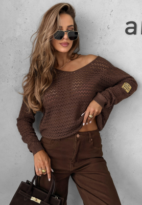Ażurowy sweter z wiskozy Round Oak czekoladowy