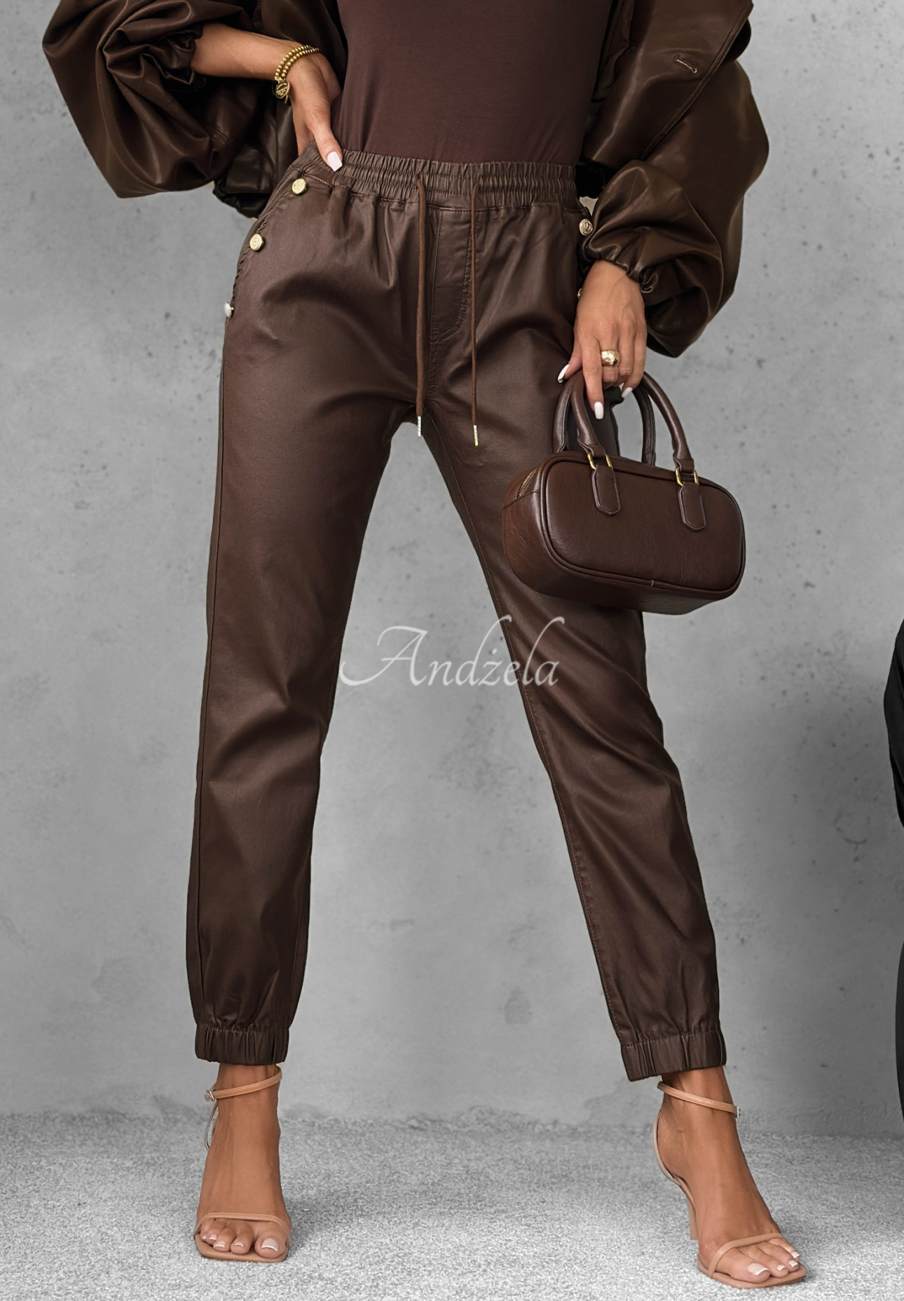Leather jogger pants with buttons Seen This Before chocolate