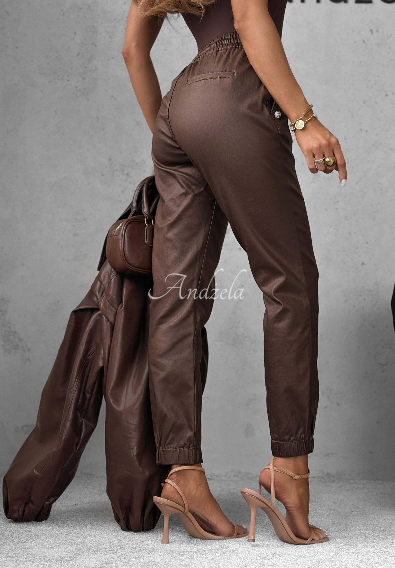 Leather jogger pants with buttons Seen This Before chocolate