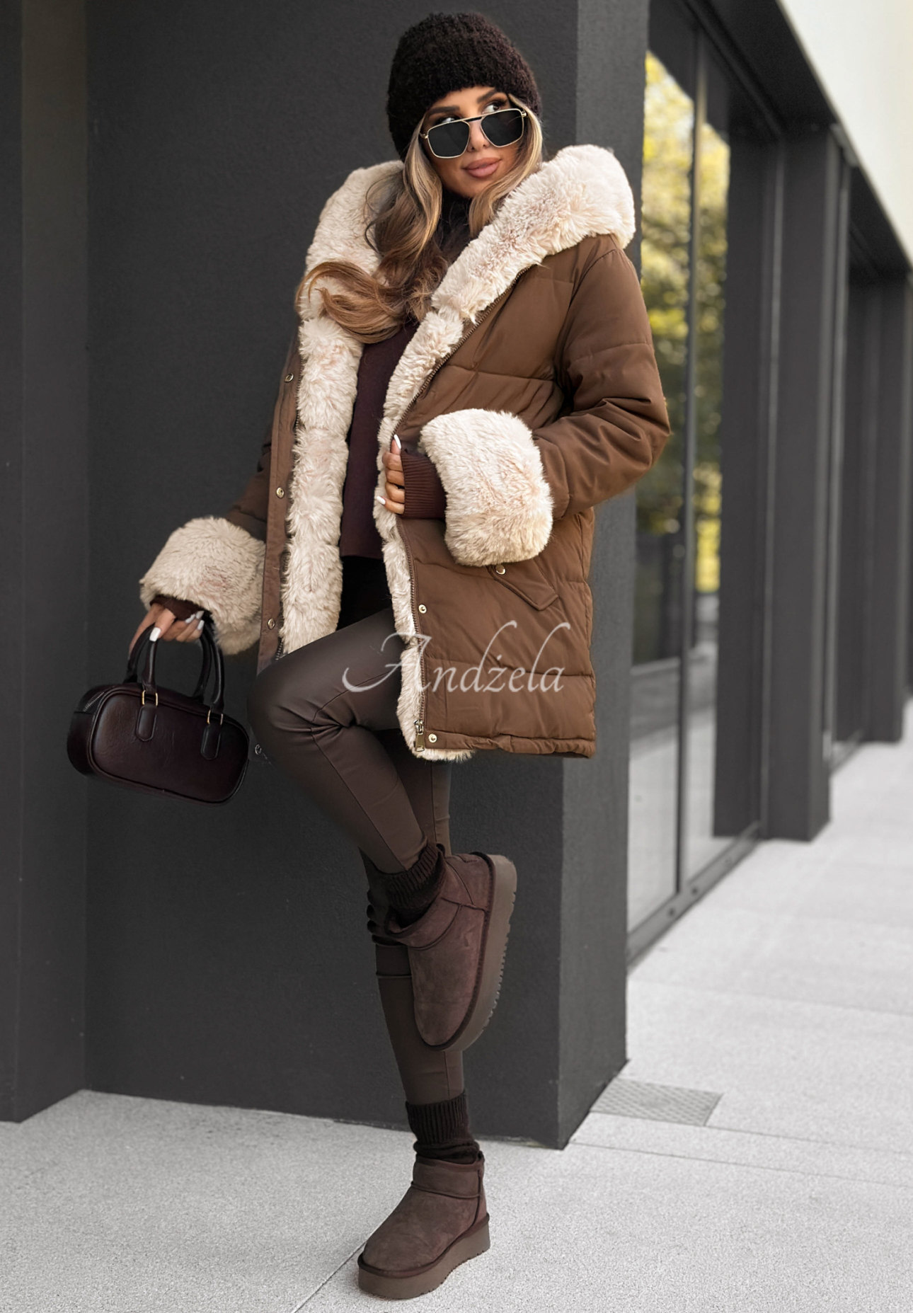 Down jacket with fur Silence First chocolate.