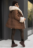 Długa kurtka z futerkiem Silence First czekoladowa