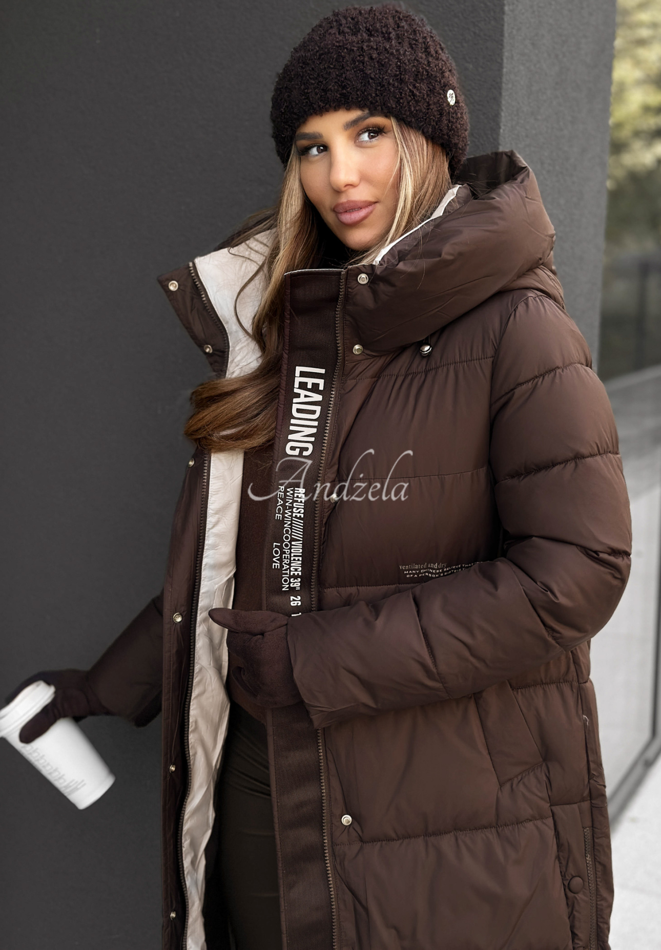 Long quilted jacket Over To You chocolate